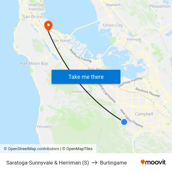 Saratoga-Sunnyvale & Herriman (S) to Burlingame map