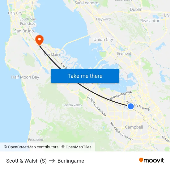 Scott & Walsh (S) to Burlingame map