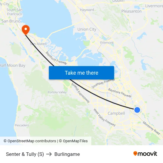 Senter & Tully (S) to Burlingame map