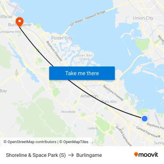 Shoreline & Space Park (S) to Burlingame map