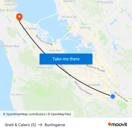 Snell & Calero (S) to Burlingame map
