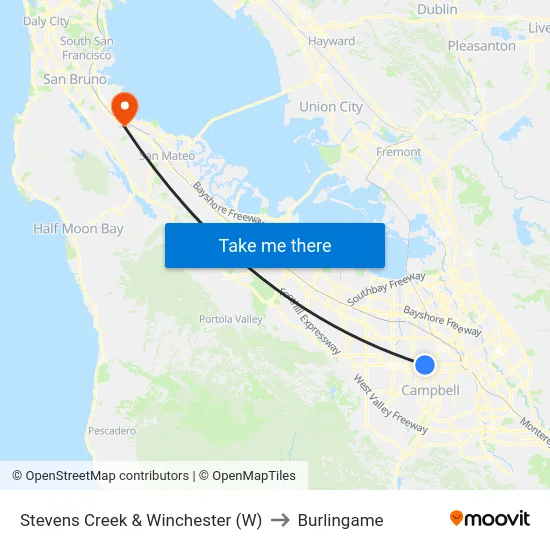 Stevens Creek & Winchester (W) to Burlingame map