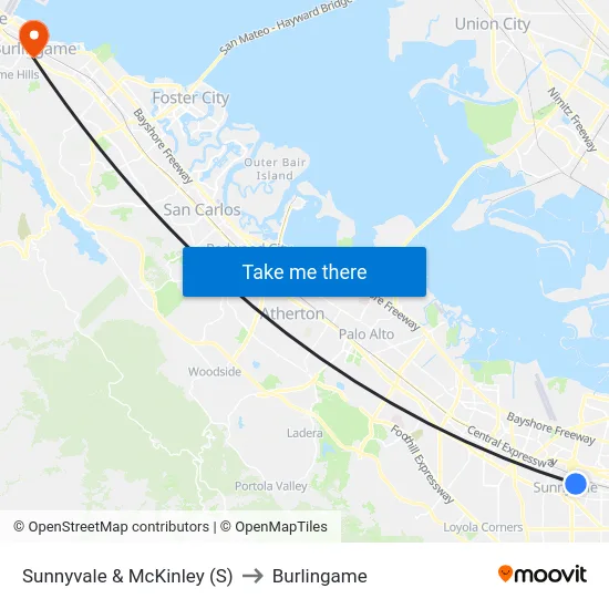 Sunnyvale & McKinley (S) to Burlingame map