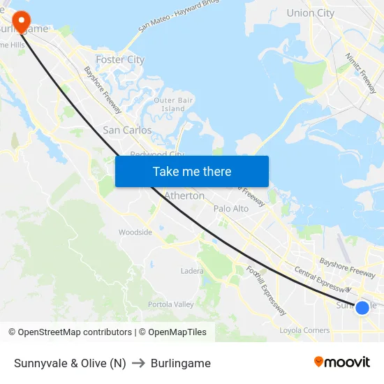 Sunnyvale & Olive (N) to Burlingame map