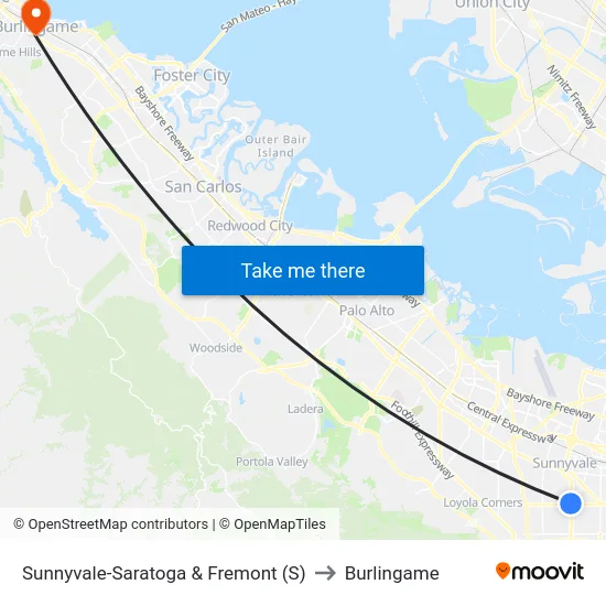 Sunnyvale-Saratoga & Fremont (S) to Burlingame map