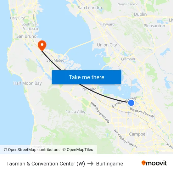 Tasman & Convention Center (W) to Burlingame map