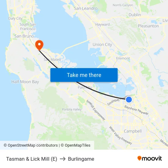 Tasman & Lick Mill (E) to Burlingame map