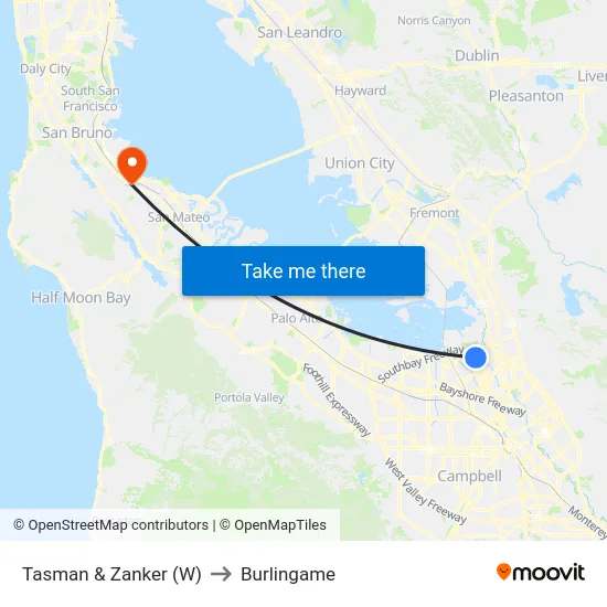 Tasman & Zanker (W) to Burlingame map