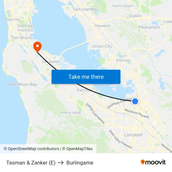 Tasman & Zanker (E) to Burlingame map