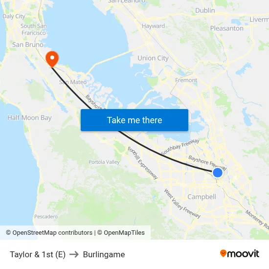 Taylor & 1st (E) to Burlingame map