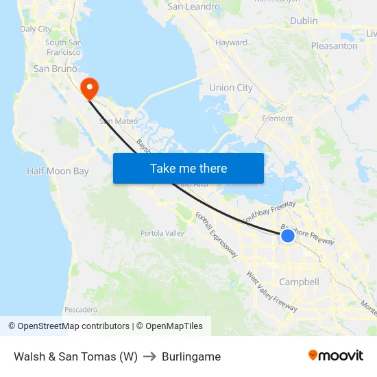 Walsh & San Tomas (W) to Burlingame map