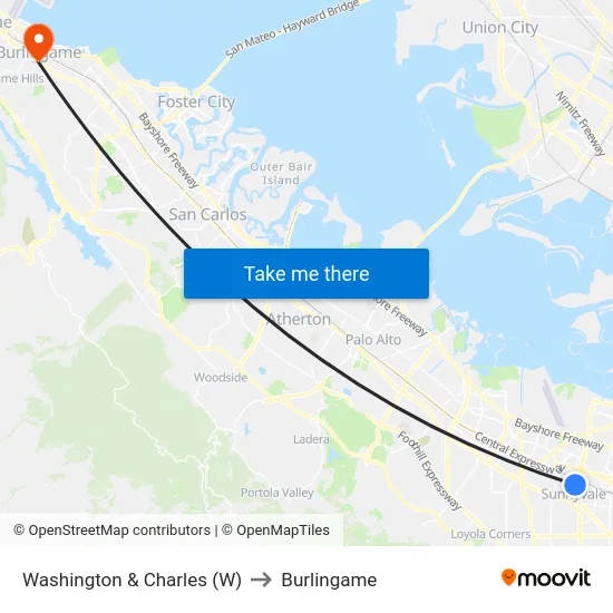 Washington & Charles (W) to Burlingame map