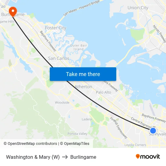 Washington & Mary (W) to Burlingame map