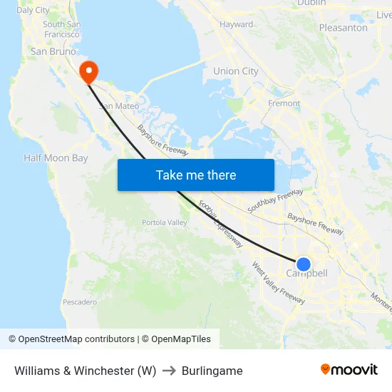 Williams & Winchester (W) to Burlingame map