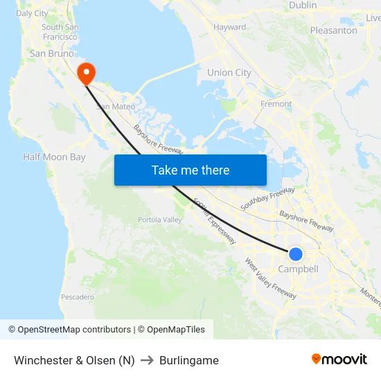 Winchester & Olsen (N) to Burlingame map