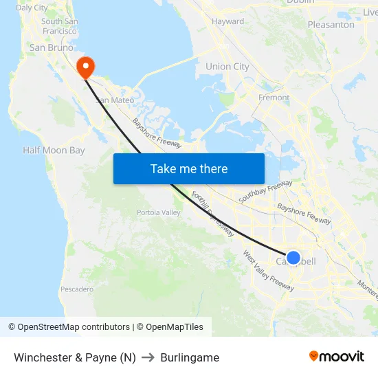 Winchester & Payne (N) to Burlingame map