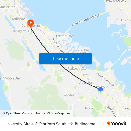 University Circle @ Platform South to Burlingame map