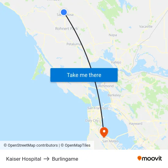 Kaiser Hospital to Burlingame map