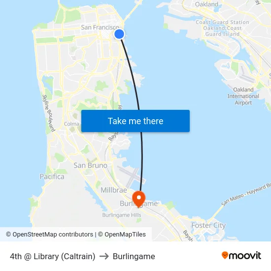 4th @ Library (Caltrain) to Burlingame map
