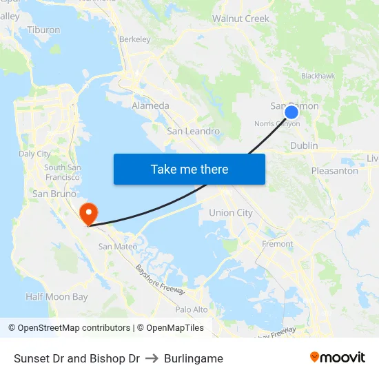 Sunset Dr and Bishop Dr to Burlingame map