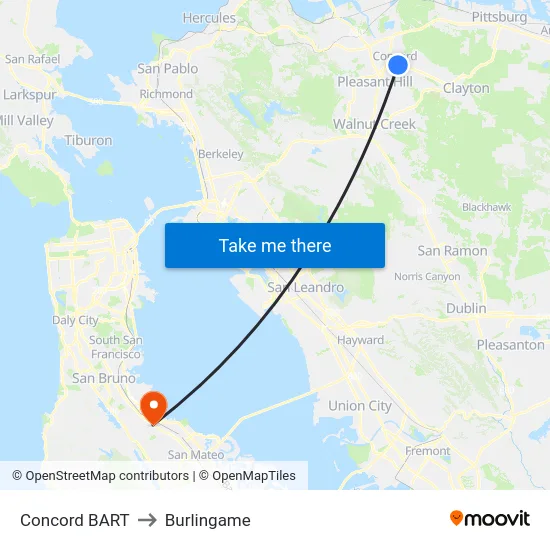 Concord BART to Burlingame map