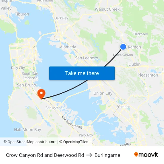 Crow Canyon Rd and Deerwood Rd to Burlingame map