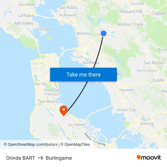 Orinda BART to Burlingame map