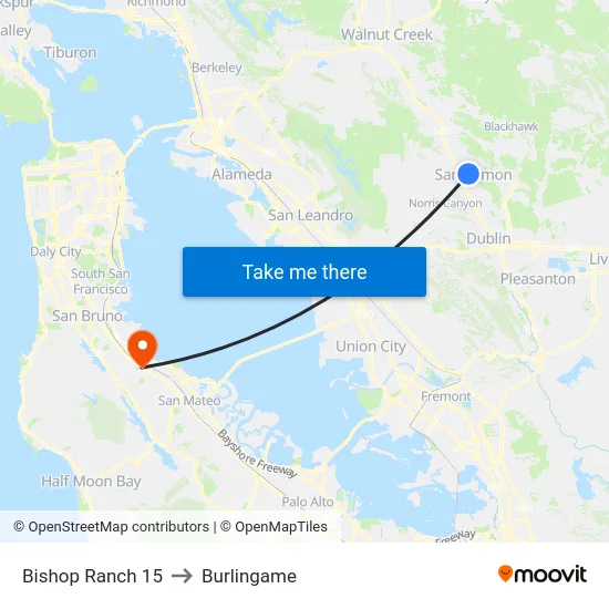 Bishop Ranch 15 to Burlingame map