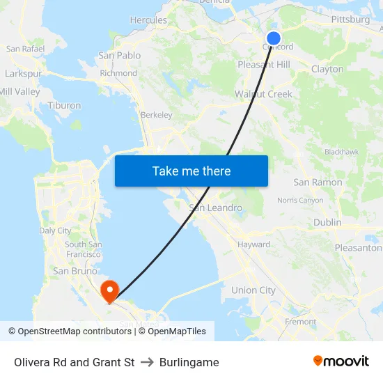 Olivera Rd and Grant St to Burlingame map
