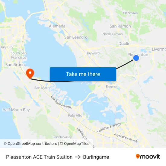 Pleasanton ACE Train Station to Burlingame map