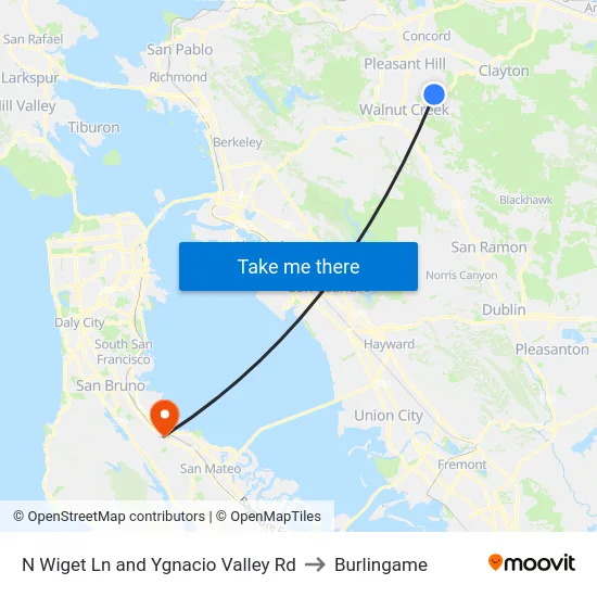N Wiget Ln and Ygnacio Valley Rd to Burlingame map
