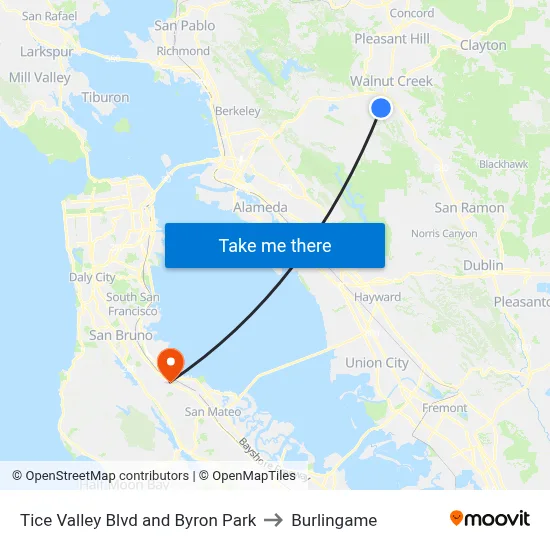 Tice Valley Blvd and Byron Park to Burlingame map