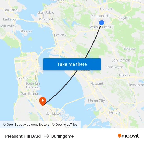 Pleasant Hill BART to Burlingame map
