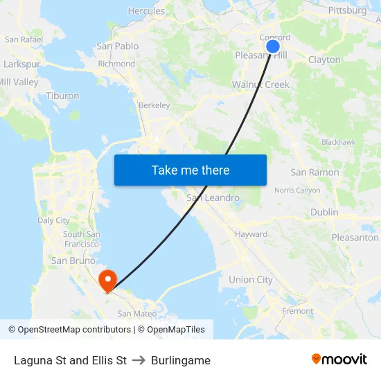 Laguna St and Ellis St to Burlingame map