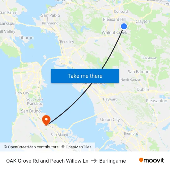 OAK Grove Rd and Peach Willow Ln to Burlingame map