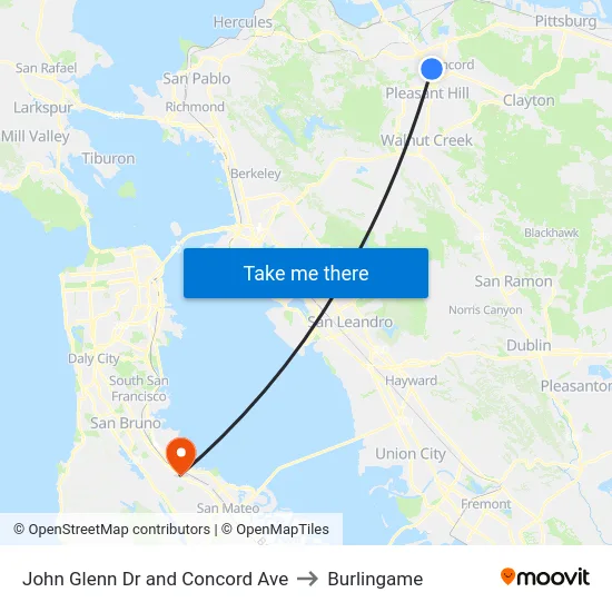 John Glenn Dr and Concord Ave to Burlingame map