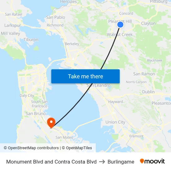 Monument Blvd and Contra Costa Blvd to Burlingame map