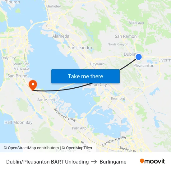 Dublin/Pleasanton BART Unloading to Burlingame map