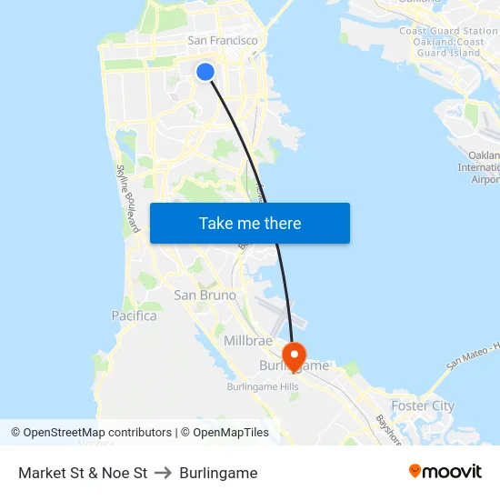 Market St & Noe St to Burlingame map