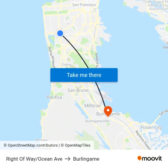 Right Of Way/Ocean Ave to Burlingame map