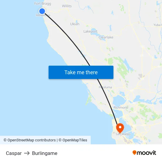 Caspar to Burlingame map