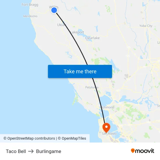 Taco Bell to Burlingame map