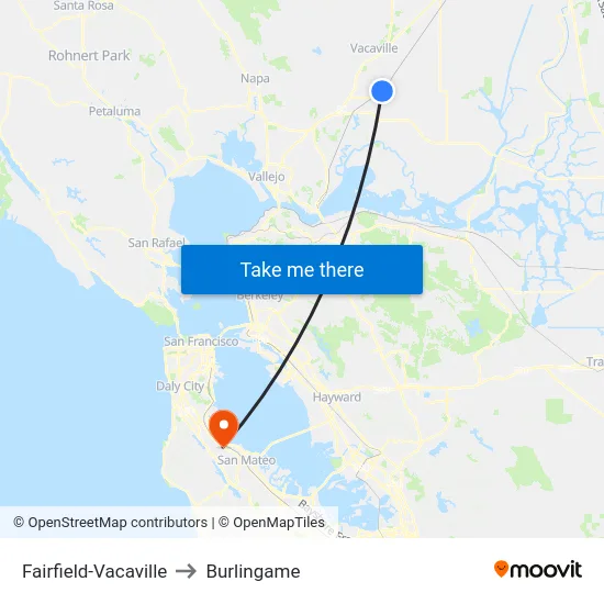 Fairfield-Vacaville to Burlingame map