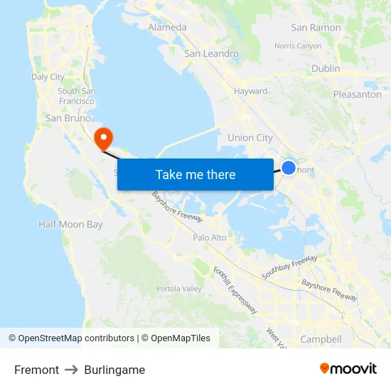 Fremont to Burlingame map