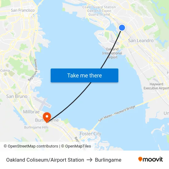 Oakland Coliseum/Airport Station to Burlingame map