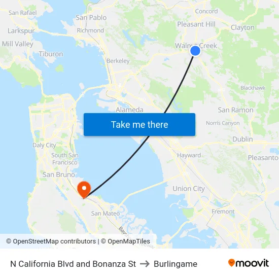 N California Blvd and Bonanza St to Burlingame map