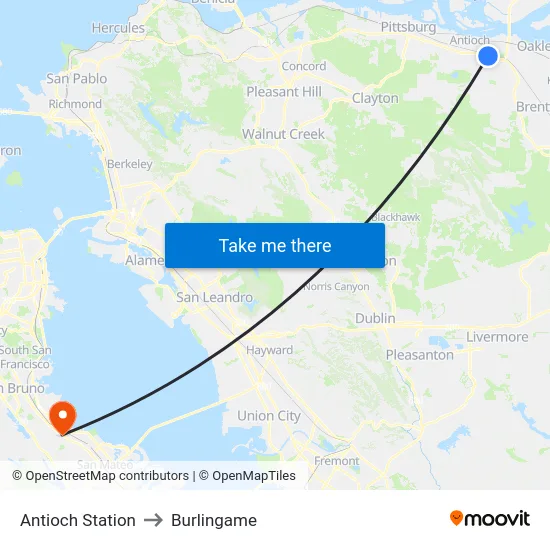Antioch Station to Burlingame map