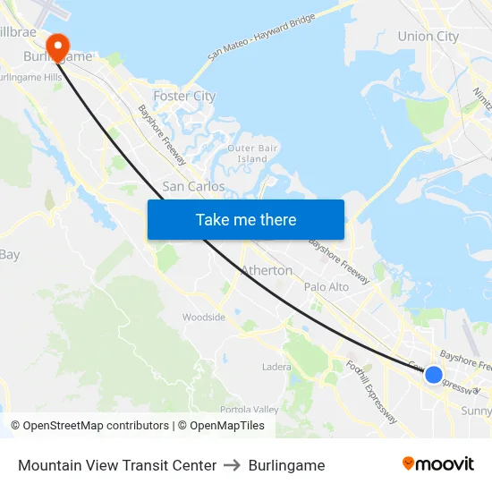 Mountain View Transit Center to Burlingame map