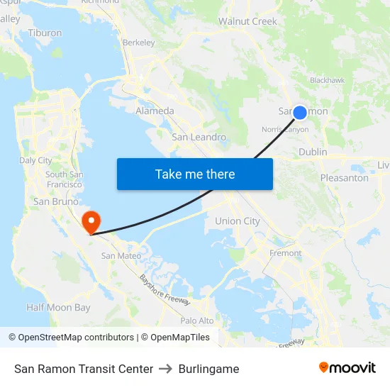 San Ramon Transit Center to Burlingame map