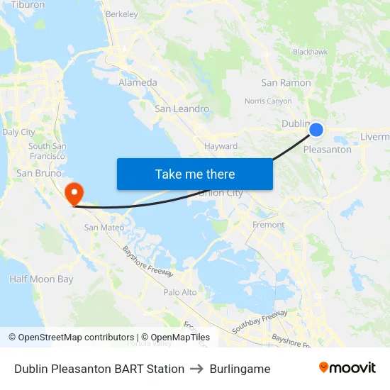 Dublin Pleasanton BART Station to Burlingame map